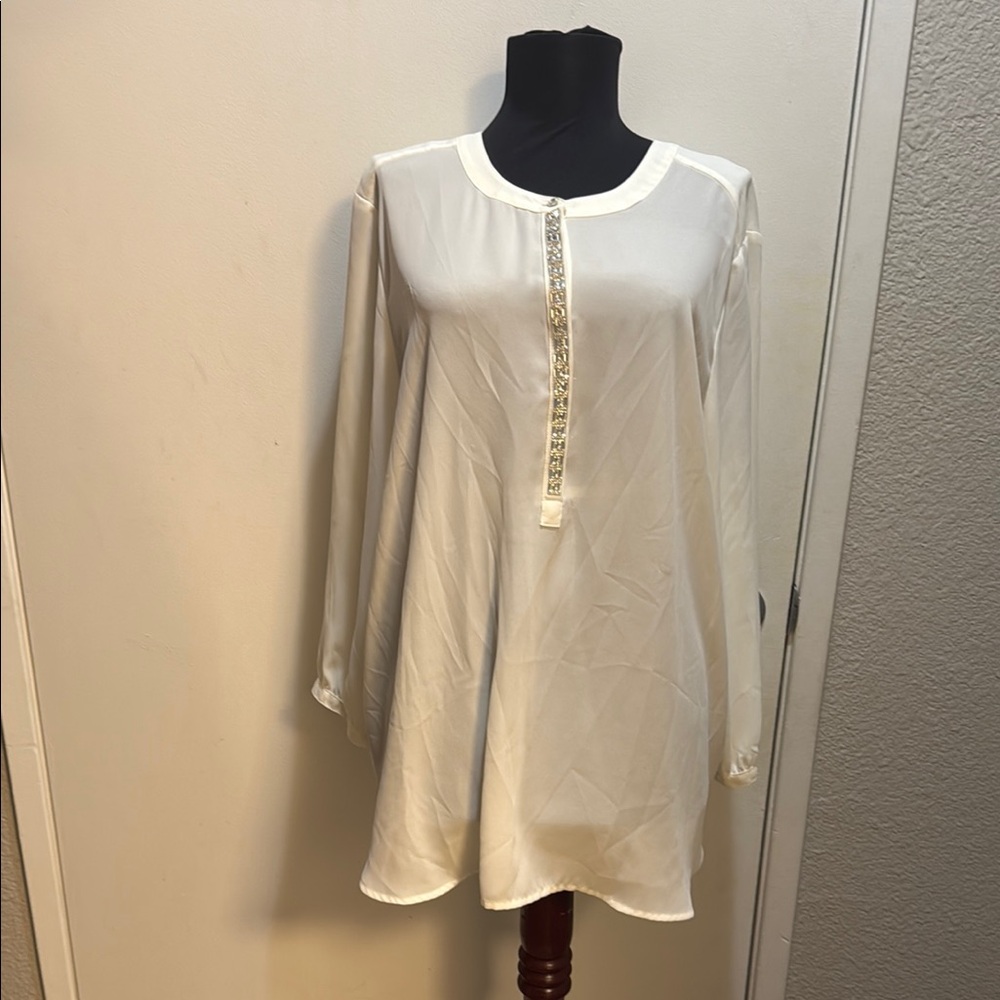 JM Collection Cream Buttoned Tunic with Bib Collar